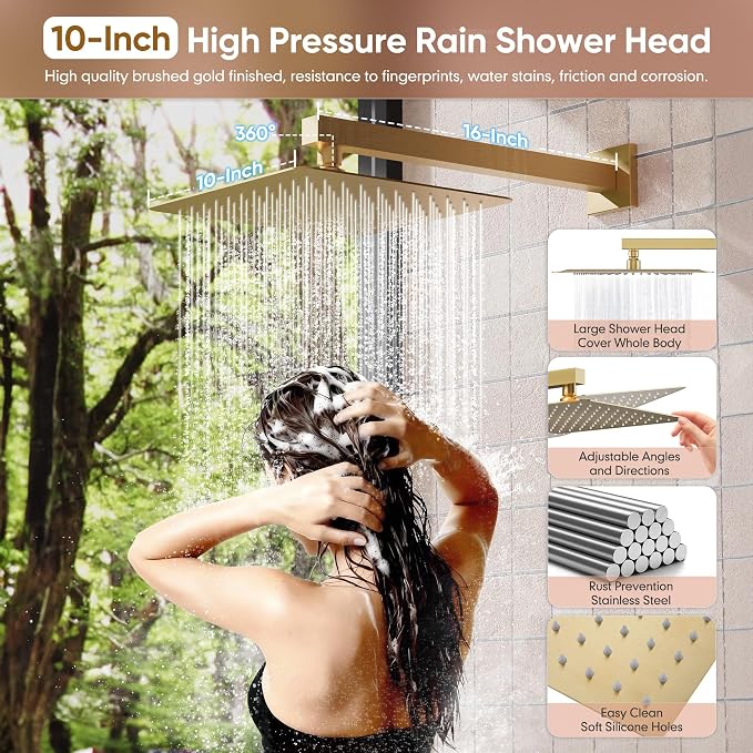Kurpot Brushed Gold Shower System, All Metal Gold Shower Faucet Set with Tub Spout, 10'' Gold Shower Head with Handheld, 59'' Shower Hose, Shower Valve and Diverter, Wall Mounted Bath Tub Faucet Set - Image 4