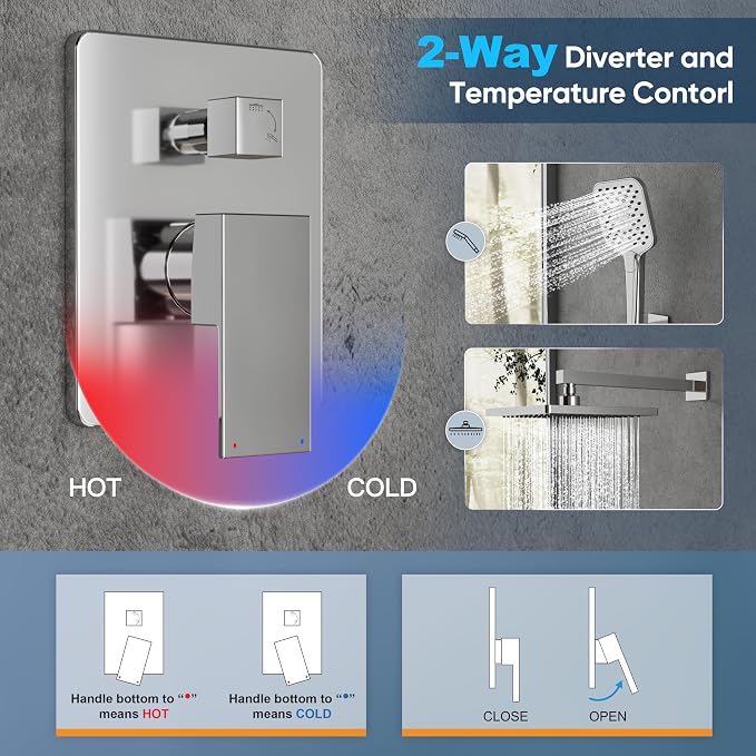 Gabrylly Shower System, Shower Faucets Sets Complete for Bathroom with High Pressure 10" Rain Shower and Handheld Shower, 2 Way Shower Valve Kit, Chrome - Image 5