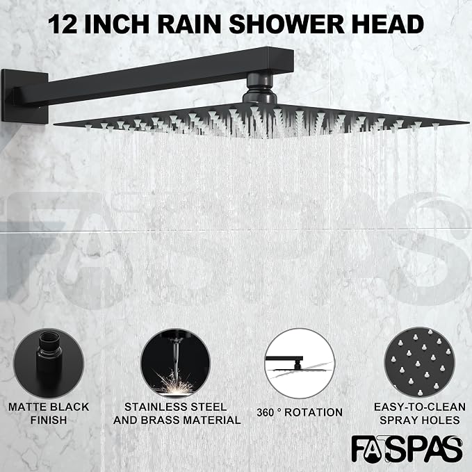 Shower System with Tub Spout, 12-Inch High-Pressure Rain Showerhead and Handheld Combo, Matte Black Shower Faucet Set with Rough-in Valve and Trim, Wall Mounted 3-Way Shower Set - Image 2