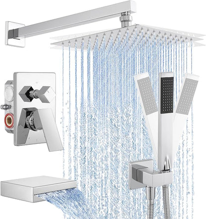 KES Chrome Shower System with Tub Spout Bath Shower Faucet Set 10 Inch Rain Shower with Handheld Spray Pressure Balance, XB6305F18-CH by KES