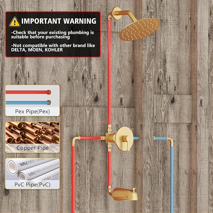 Tub Shower Faucet, Brushed Gold Shower Faucet Set with 6-Inch All-Metal Rainfall Showerhead and Bathtub Spout, Single-Handle Tub Shower-Trim Kit Included Valve, Brushed Gold - Image 8