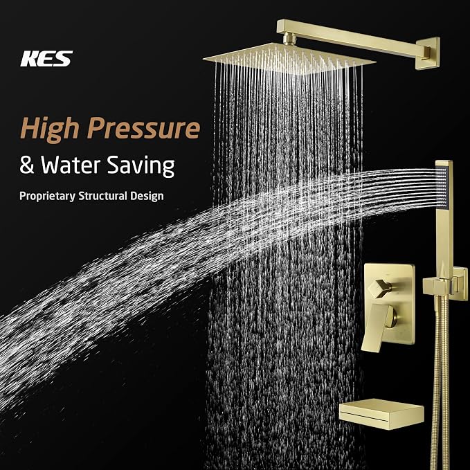 KES Brushed Gold Shower System with Tub Spout, Pressure Balanced Bath Tub Shower Faucet Set Complete with Valve, Shower System with Rain Shower Head with Handheld, XB6305F18-BZ - Image 3