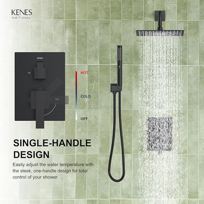 KENES Matte Black Rainfall Bathroom Shower System Rain Shower Head and Handle Set, Shower Faucet Set with 10-Inch Rain Showerhead and Handheld Spray, (Shower Valve Included), LJ-6026A-2 - Image 9
