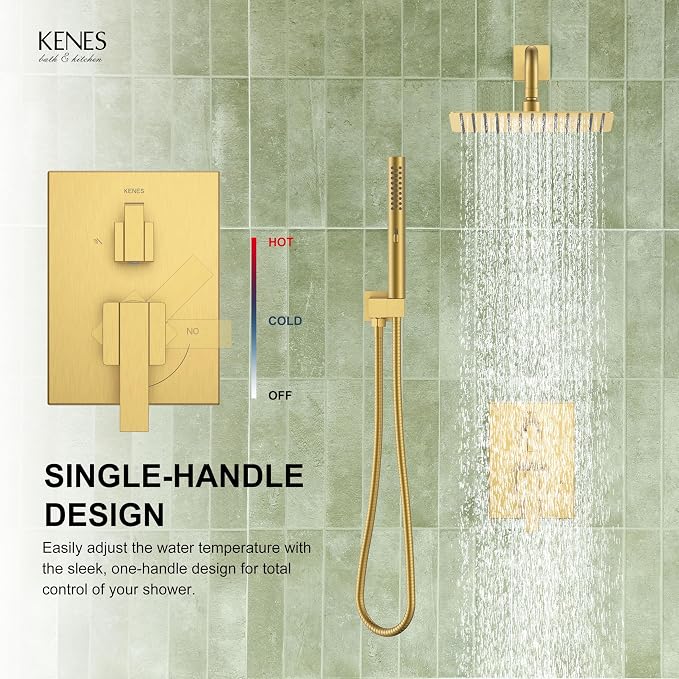 KENES Brushed Gold Rainfall Bathroom Shower System Rain Shower Head and Handle Set, Shower Faucet Set with 10-Inch Rain Showerhead and Handheld Spray, (Shower Valve Included), LJ-6026A-4 - Image 9