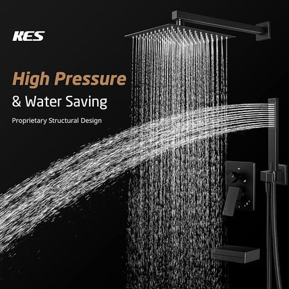 KES Shower System with Tub Spout, Matte Black Shower Faucet Set Complete 10 Inch Rain Shower Head with Handheld Spray and Waterfall Bathtub, cUPC Pressure Balance Shower Valve Trim Kit, XB6305F18-BK - Image 6