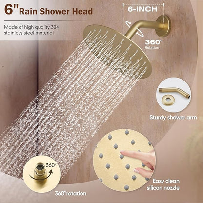 Tub Shower Faucet, Brushed Gold Shower Faucet Set with 6-Inch All-Metal Rainfall Showerhead and Bathtub Spout, Single-Handle Tub Shower-Trim Kit Included Valve, Brushed Gold - Image 4