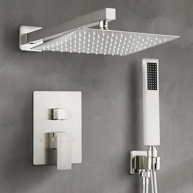 Fransiton Shower Faucet set with Shower head 10 Inches Rainfall Shower Head and Handle Set Single Handle Wall Mounted Shower System Set with Female Threads Valve Body(Brushed Nickel) by Fransiton