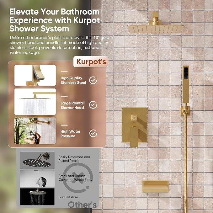 Kurpot Brushed Gold Shower System, All Metal Gold Shower Faucet Set with Tub Spout, 10'' Gold Shower Head with Handheld, 59'' Shower Hose, Shower Valve and Diverter, Wall Mounted Bath Tub Faucet Set - Image 9
