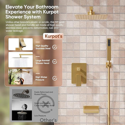 Kurpot Brushed Gold Shower System, All Metal Gold Shower Faucet Set with Tub Spout, 10'' Gold Shower Head with Handheld, 59'' Shower Hose, Shower Valve and Diverter, Wall Mounted Bath Tub Faucet Set - Image 9