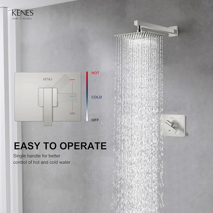 KENES Brushed Nickel 10-Inch Shower Head and Handle Set, Square Shower Faucet Set Bathroom Rainfall Shower System Wall Mount, KE-6024B (Shower Valve Included) - Image 4