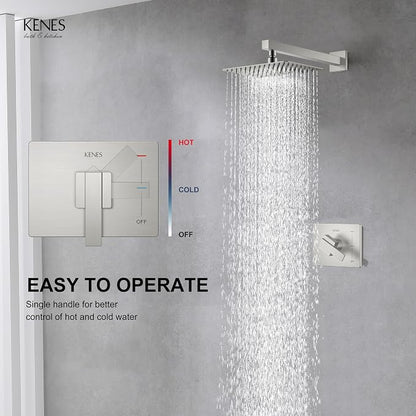 KENES Brushed Nickel 10-Inch Shower Head and Handle Set, Square Shower Faucet Set Bathroom Rainfall Shower System Wall Mount, KE-6024B (Shower Valve Included) - Image 4