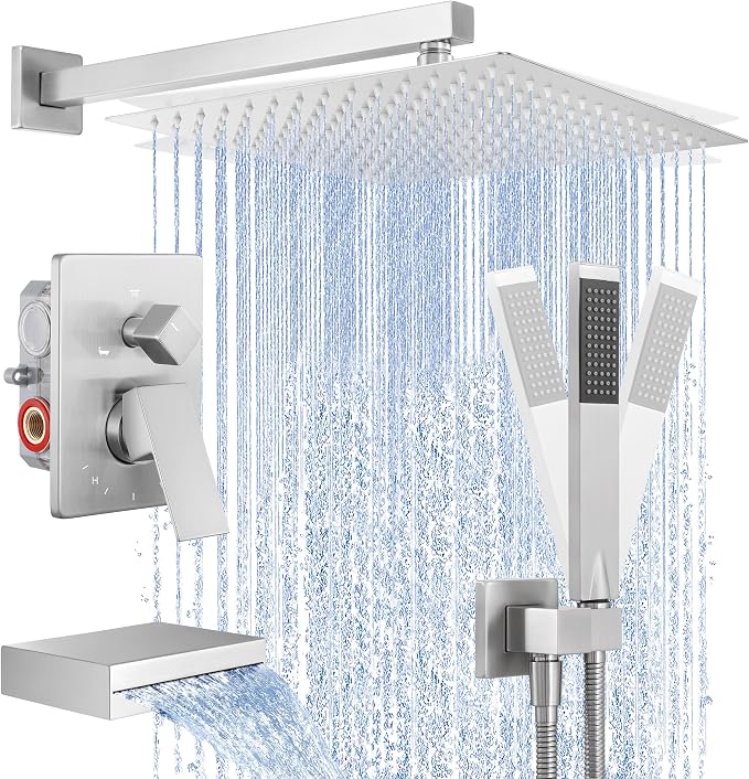 KES Shower Faucet Set 12 Inch Rain Shower Head 3-Function Shower System with Tub Spout Rainfall Shower Head with Handheld Shower, Pressure Balance Valve Brushed Nickel, XB6305F18S12-BN by KES