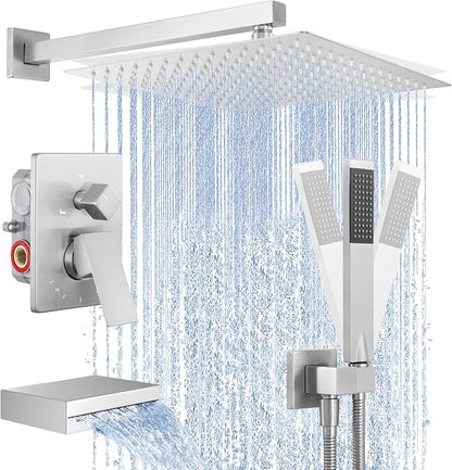 KES Shower Faucet Set 12 Inch Rain Shower Head 3-Function Shower System with Tub Spout Rainfall Shower Head with Handheld Shower, Pressure Balance Valve Brushed Nickel, XB6305F18S12-BN by KES