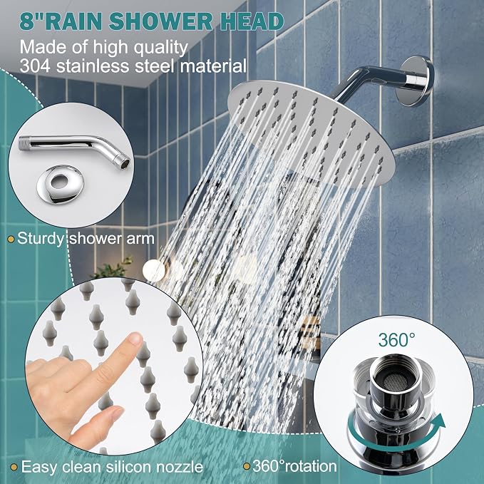 Tub Shower Faucet, Polished Chrome Shower Faucet Set with 8-Inch All-Metal Rainfall Showerhead and Bathtub Spout, Single-Handle Tub Shower-Trim Kit Included Valve, Polished Chrome - Image 4