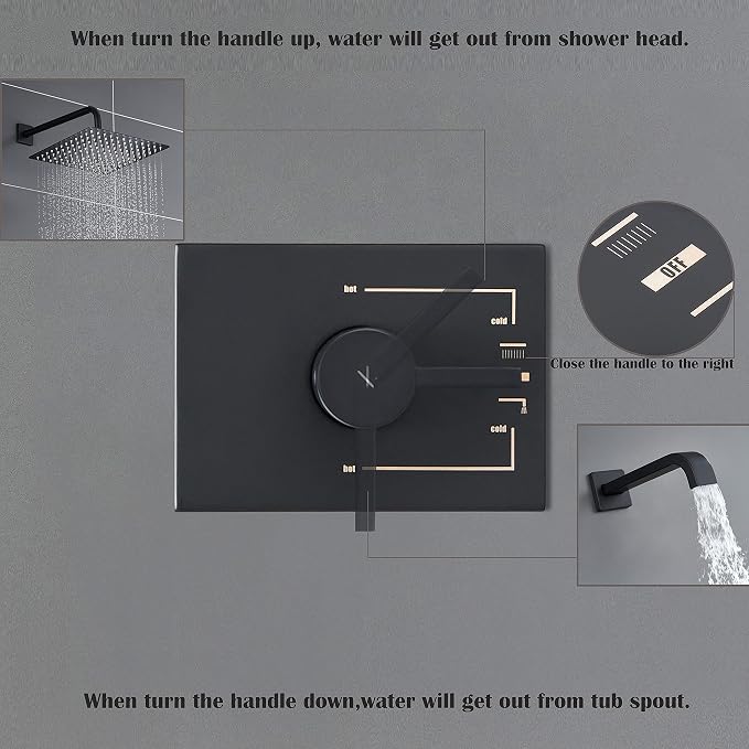 SOOOHOT Black Shower Head and Handle Set, Shower Faucet Set with 8-Inch Rain Shower Head and Tub Spout, Single-Handle Shower Trim Kit（Valve Included) - Image 7