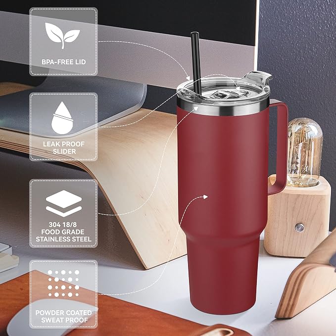 HASLE OUTFITTERS 40 oz Stainless Steel Tumbler with Handle, Vacuum Insulated Tumblers Bulk, Reusable Double Wall Travel Coffee Mug, Durable Powder Coated Water Bottles(Wine Red, 1) - Image 4