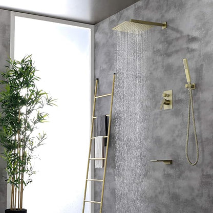SHAMANDA Shower System with Waterfall Tub Spout and Handheld Shower Head, 12" Rain Shower Faucet Sets Complete with Shower Round-in Valve and Trim Wall Mount, Brushed Gold, L101-3 - Image 8