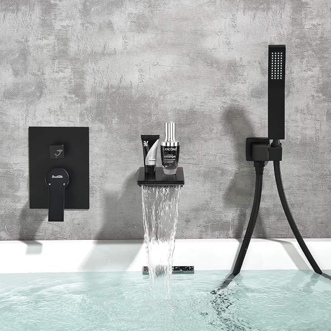 SHAMANDA Waterfall Wall Mounted Bathtub Faucet with Hand Shower, Bathroom Single Handle Tub Faucet Modern Brass Tub Shower Faucet Set(Including Rough-In Valve Body and Trim), Matte Black, L901-7 - Image 8