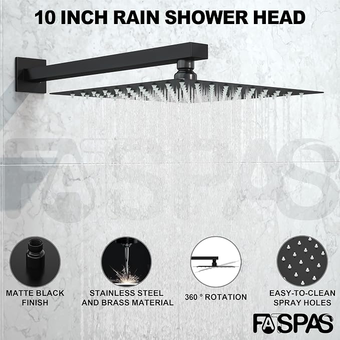 Shower System with Tub Spout, 10-Inch High-Pressure Rain Showerhead and Handheld Combo, Matte Black Shower Faucet Set with Rough-in Valve and Trim, Wall Mounted 3-Way Shower Set - Image 2