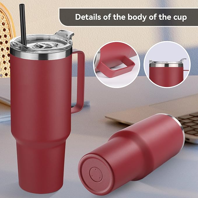 HASLE OUTFITTERS 40 oz Stainless Steel Tumbler with Handle, Vacuum Insulated Tumblers Bulk, Reusable Double Wall Travel Coffee Mug, Durable Powder Coated Water Bottles(Wine Red, 1) - Image 5