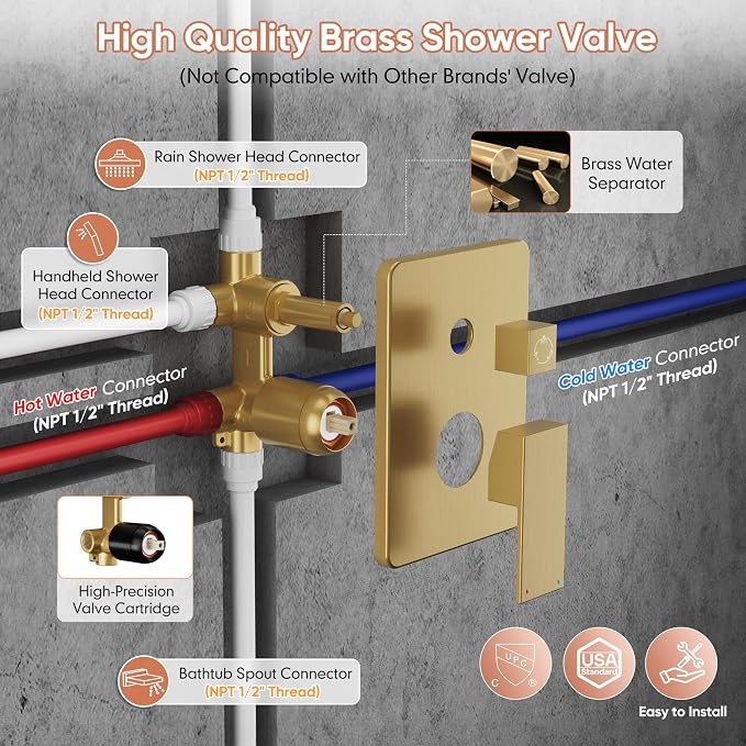 Kurpot Brushed Gold Shower System, All Metal Gold Shower Faucet Set with Tub Spout, 10'' Gold Shower Head with Handheld, 59'' Shower Hose, Shower Valve and Diverter, Wall Mounted Bath Tub Faucet Set - Image 8