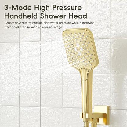 Gabrylly Shower System with Tub Spout, Wall Mounted Shower Faucet Set for Bathroom with High Pressure 10" Rain Shower head and 3-Setting Handheld Shower Head Set,Brushed Gold - Image 5