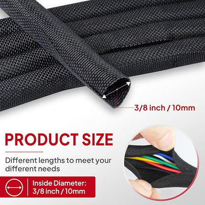 Black Braided Cable Management Sleeves Wire Loom Tubing Cord Protector - Image 2