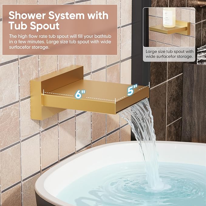 Kurpot Brushed Gold Shower System, All Metal Gold Shower Faucet Set with Tub Spout, 10'' Gold Shower Head with Handheld, 59'' Shower Hose, Shower Valve and Diverter, Wall Mounted Bath Tub Faucet Set - Image 6