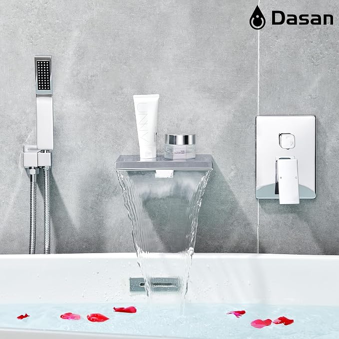 Upgraded Wall Mount Tub Filler Faucet with Handheld Shower, DASAN Modern Wall Mounted Bathtub Faucet Chrome High Flow Waterfall Tub Faucet with Rough in Valve, SA-TF04WH-PC - Image 7