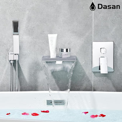 Upgraded Wall Mount Tub Filler Faucet with Handheld Shower, DASAN Modern Wall Mounted Bathtub Faucet Chrome High Flow Waterfall Tub Faucet with Rough in Valve, SA-TF04WH-PC - Image 7