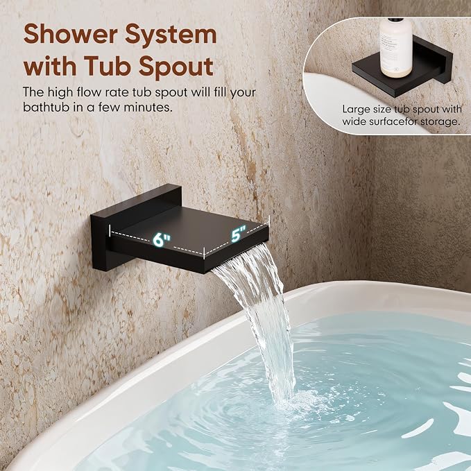 Kurpot Shower System with Tub Spout, All Metal Matte Black Shower Faucet Set with Valve, 10'' Rain Shower Head with Handheld Spray, 59'' Shower Hose and Diverter, Wall Mounted Bath Tub Faucet Set - Image 6