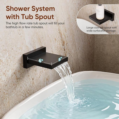 Kurpot Shower System with Tub Spout, All Metal Matte Black Shower Faucet Set with Valve, 10'' Rain Shower Head with Handheld Spray, 59'' Shower Hose and Diverter, Wall Mounted Bath Tub Faucet Set - Image 6