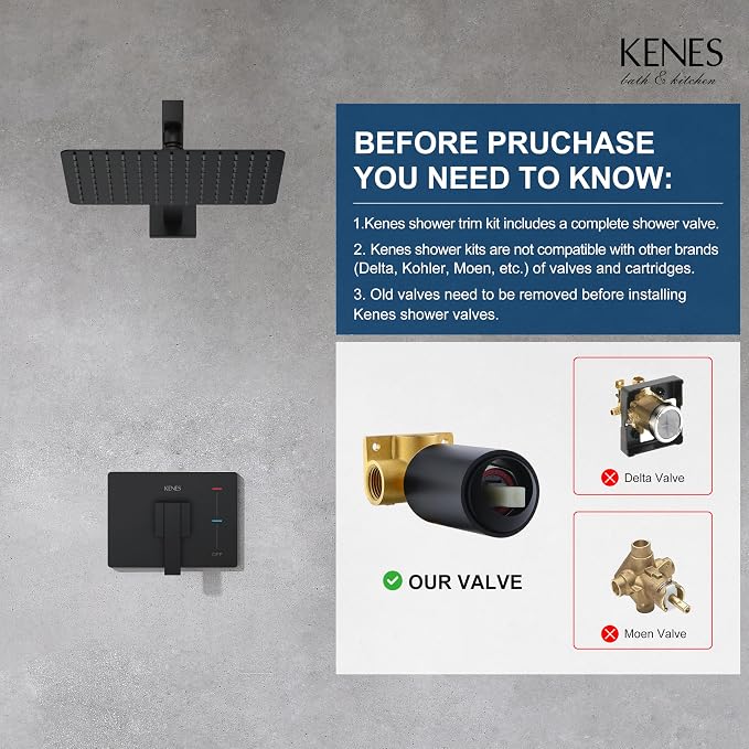 KENES Matte Black Shower Faucet with 10-Inch Shower Head and Handle Set, Square Shower Faucet Set Bathroom Rainfall Shower System Wall Mount, KE-6024B-2 (Shower Valve Included) - Image 3