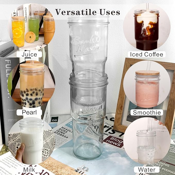 ANOTION Glass Cups with Lids and Straws 2 Packs, 24oz Travel Coffee Mug Wide Mouth Bamboo Mason Jar Iced Coffee Cup Smoothie Cup Glass Tumbler Tea Cup Clear Cute Water Cups Drinking Jars Glasses - Image 4