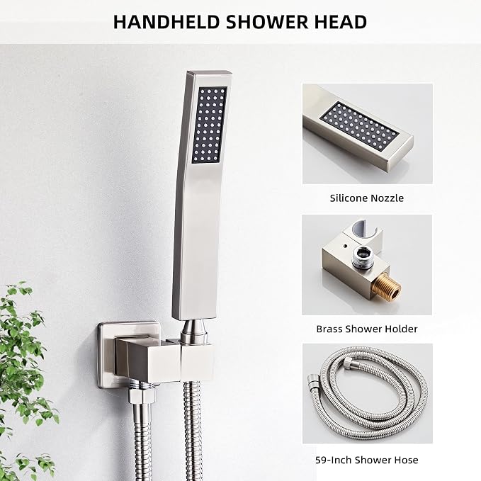 Shower Faucet Set Complete with Tub Spout Shower System Wall Mounted with 12 inch Rainfall Shower Head and Handheld Shower Rain Shower Combo for Bathroom, Brushed Nickel - Image 5