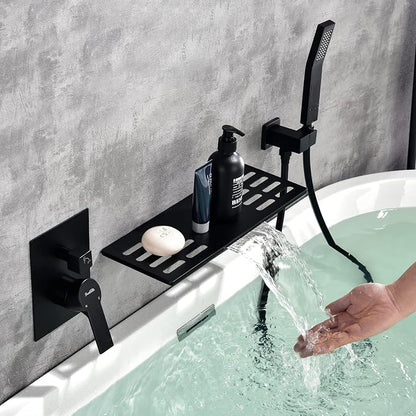 SHAMANDA Wall Mount Bathtub Faucet with Sprayer, Waterfall Tub Filler with Handheld Showerhead, Single Handle Tub and Shower Faucet Combo Set with Rough-In Valve Body and Trim, Matte Black, L903-7 by SHAMANDA