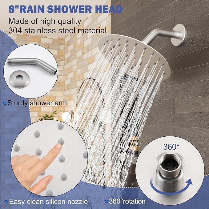 Tub Shower Faucet, Brushed Nickel Shower Faucet Set with 8-Inch All-Metal Rainfall Showerhead and Bathtub Spout, Single-Handle Tub Shower-Trim Kit Included Valve, Brushed Nickel - Image 4