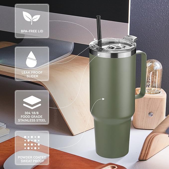 HASLE OUTFITTERS 40 oz Stainless Steel Tumbler with Handle, Vacuum Insulated Tumblers Bulk, Reusable Double Wall Travel Coffee Mug, Durable Powder Coated Water Bottle(Army Green, 1) - Image 4