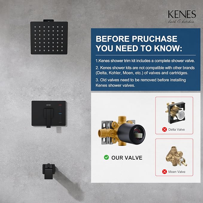 KENES Tub Shower Faucet Set Complete, Matte Black Tub and Shower Trim Kit with 6-Inch Rain Shower Head, Square Shower System, KE-6025A-2 (Shower Valve Included) - Image 3