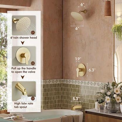 Tub Shower Faucet, Brushed Gold Shower Faucet Set with 6-Inch All-Metal Rainfall Showerhead and Bathtub Spout, Single-Handle Tub Shower-Trim Kit Included Valve, Brushed Gold - Image 3