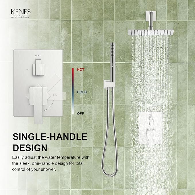 KENES Square Rainfall Shower System Faucet Set, Brushed Nickel Rain Shower Head and Handle Set, 10 Inch Stainless Shower Head with Handheld Spray (Shower Valve Included), LJ-6026A - Image 9