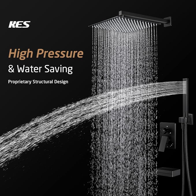 KES Black Shower Faucet Set Complete, 12 Inch Rainfall Shower Head with Handheld Spray, Waterfall Tub Spout Bathtub Faucet, Shower System, Regaderas Modernas Para Ducha, XB6305F18S12-BK - Image 2