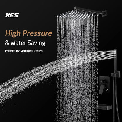 KES Black Shower Faucet Set Complete, 12 Inch Rainfall Shower Head with Handheld Spray, Waterfall Tub Spout Bathtub Faucet, Shower System, Regaderas Modernas Para Ducha, XB6305F18S12-BK - Image 2