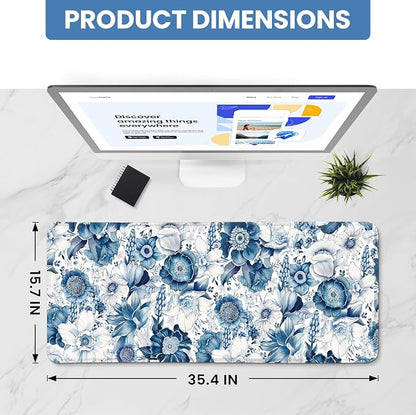 Aesthetic Desk Mat, Cute Blue Floral Desk Pad Protector - Image 2