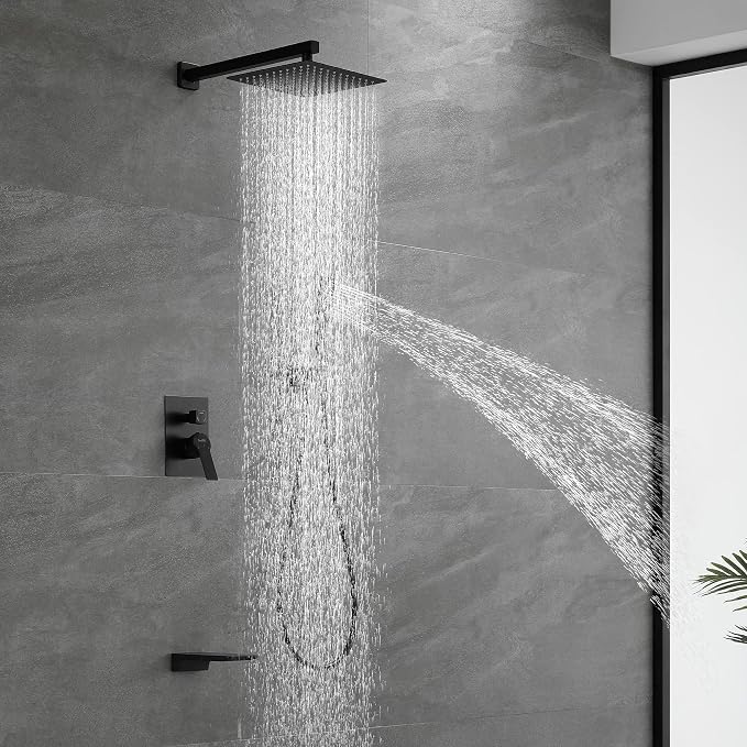 SHAMANDA Shower System with Waterfall Tub Spout and Handheld Shower Head, 10" Rain Shower Faucet Sets Complete with Shower Round-in Valve and Trim Wall Mount, Matte Black, L1010-7 - Image 2