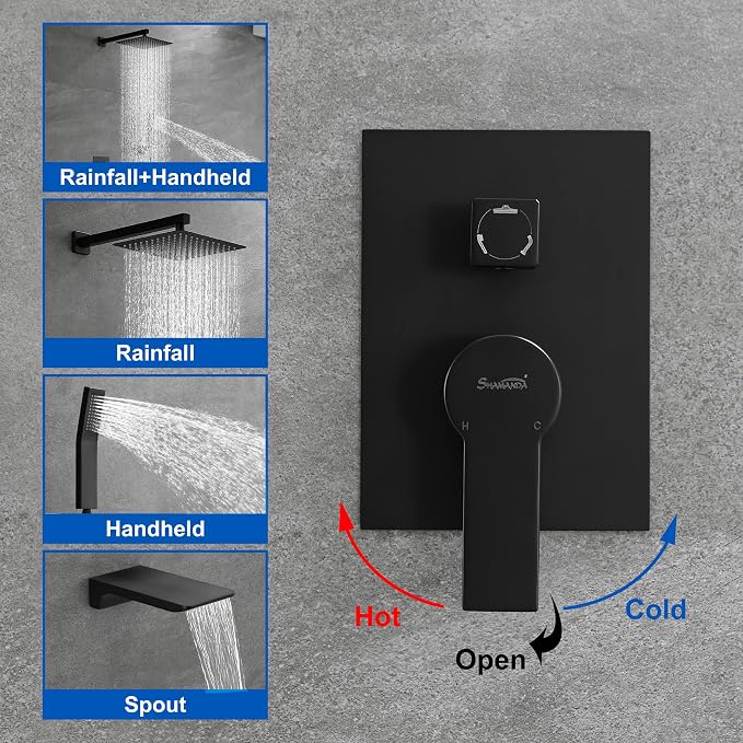 SHAMANDA Shower System with Waterfall Tub Spout and Handheld Shower Head, 10" Rain Shower Faucet Sets Complete with Shower Round-in Valve and Trim Wall Mount, Matte Black, L1010-7 - Image 3