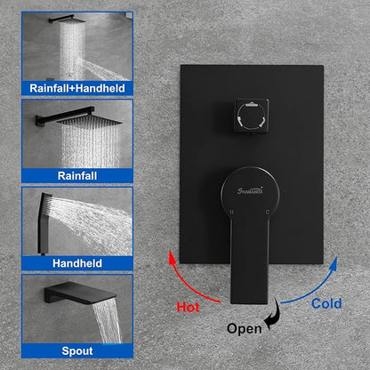 SHAMANDA Shower System with Waterfall Tub Spout and Handheld Shower Head, 10" Rain Shower Faucet Sets Complete with Shower Round-in Valve and Trim Wall Mount, Matte Black, L1010-7 - Image 3
