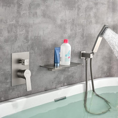SHAMANDA Waterfall Bathtub Faucet with Sprayer, Wall Mount Tub Filler with Hand Shower, Single Handle Tub Faucet with Handheld ShowerHead(Rough-In Valve Body and Trim Included), Brushed Nickel, L902-2 - Image 2