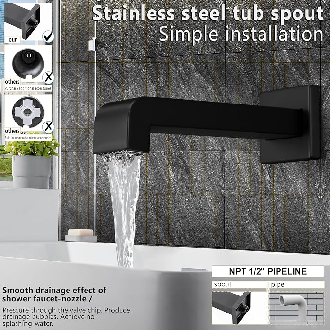 SOOOHOT Shower Fixtures, Black Shower Faucet Set with 6 Inch Matte Black Shower Head and Tub Spout, Black Shower Head and Handle Set (Valve Included) - Image 4
