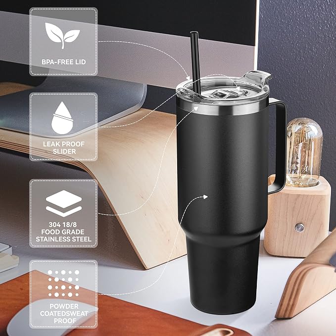 HASLE OUTFITTERS 40 oz Stainless Steel Tumbler with Handle, Vacuum Insulated Tumblers Bulk, Reusable Double Wall Travel Coffee Mug, Durable Powder Coated Water Bottle(Black, 1) - Image 4